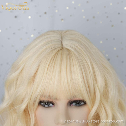 Short Blonde Wavy Bob Wig with Bangs for Women Girls Natural Looking Pastel Blonde Wigs Curly for Daily Cosplay Halloween